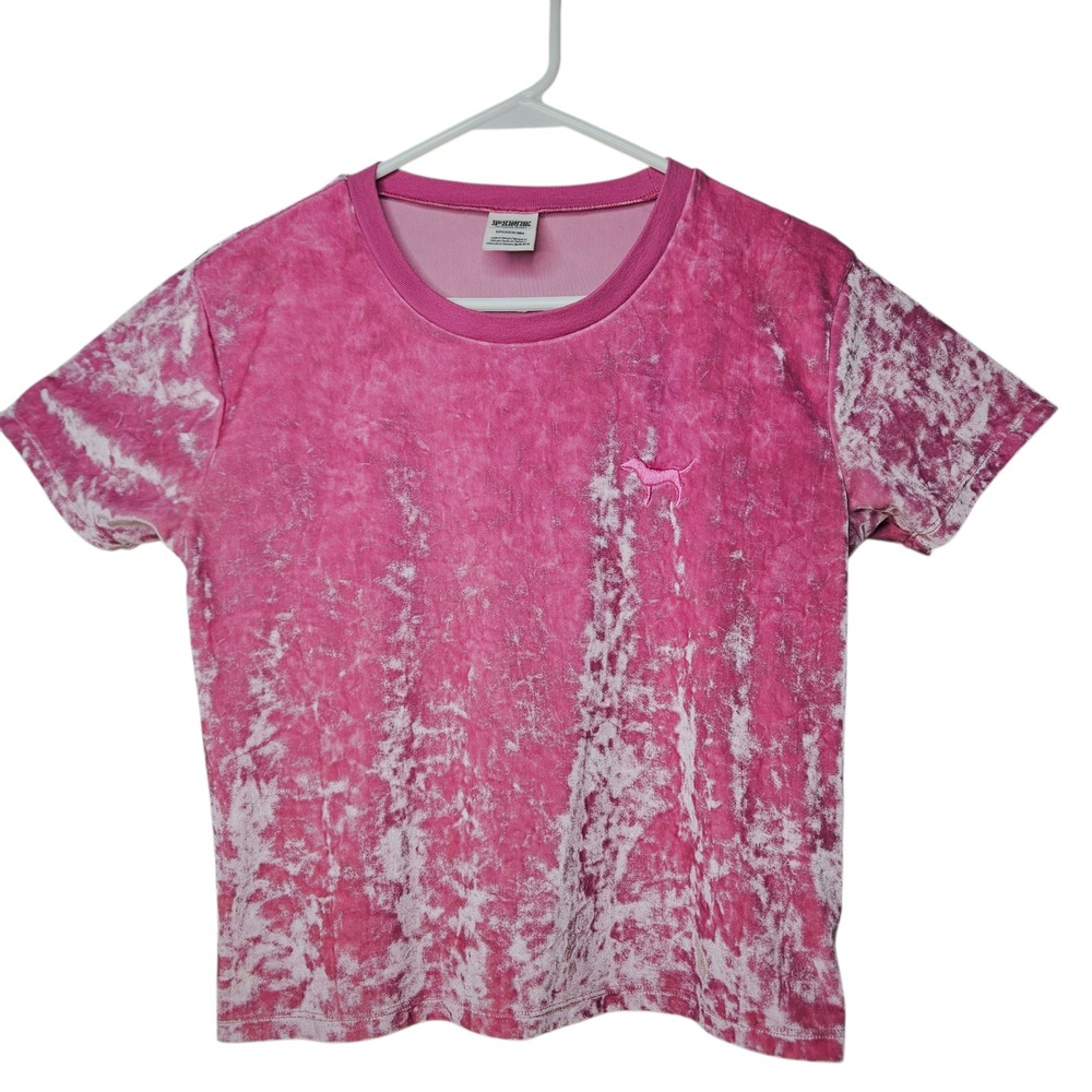 PINK Victorias Secret Crushed Velvet T-Shirt Top Small Dog Logo Valentines eGirl